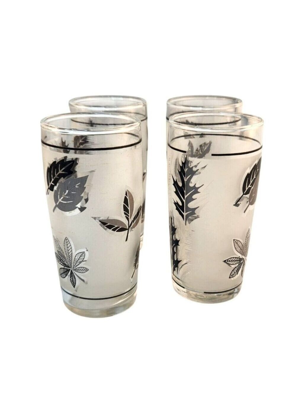 Set Of 4 Vintage Libbey Silver Foliage Juice Glasses 6 Oz Mid-Century Modern Des